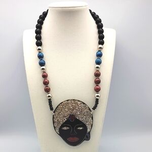 RARE Fortune Teller Gypsy Sultan Beaded Head Pendant Necklace Silver Tone NEW